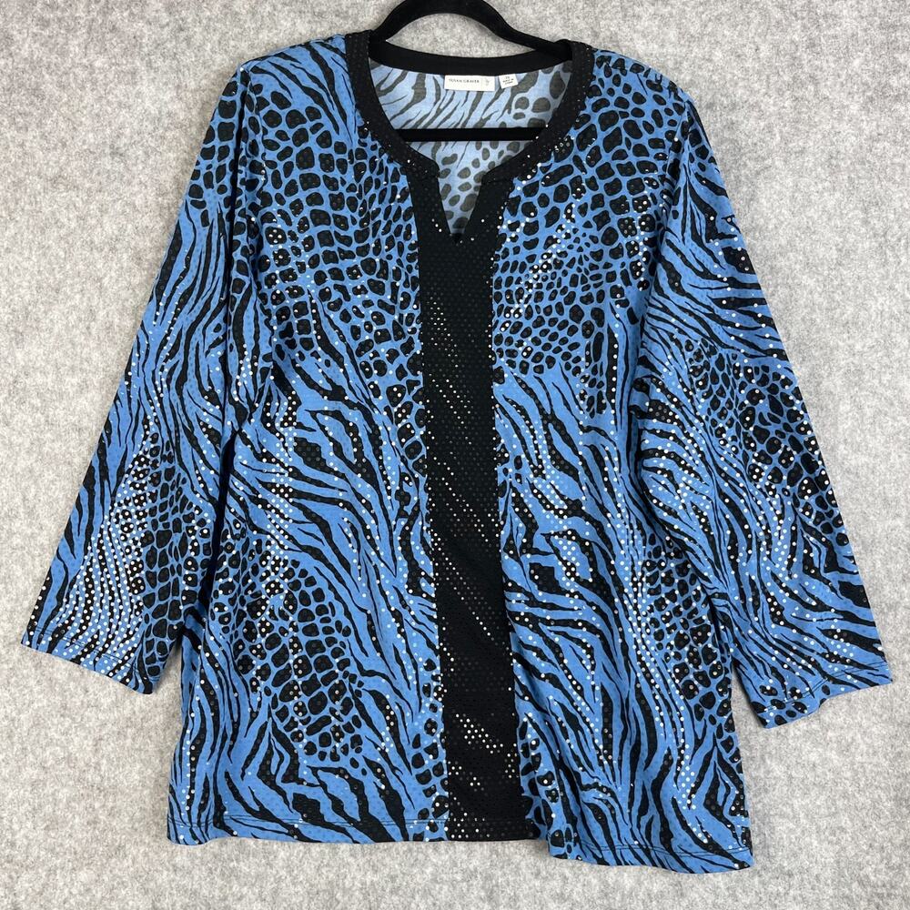 Susan Graver Tunic‎ Top Womens 2X Blue Animal Print Liquid Knit Sequin Artsy
